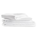 Set with stacks of clean bed linen on white background. Banner d
