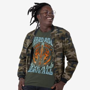 Music Festival Guitar Flames Crewneck Tee in Military Green